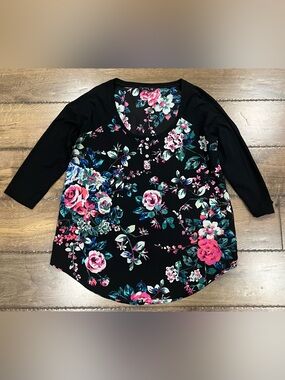 Express Black Floral Scoop-Neck Tunic with Pink & Teal Blooms